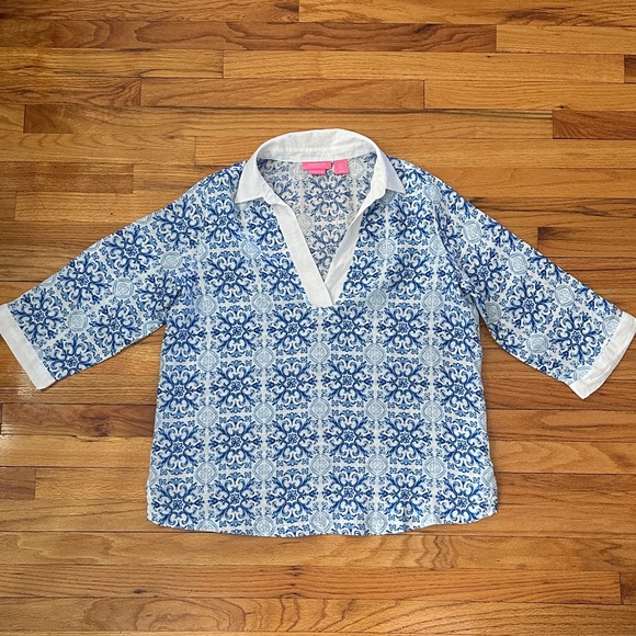 Isaac Mizrahi Blue & White Tile Pattern Linen Tunic Topp Sz XL - Picture 5 of 10